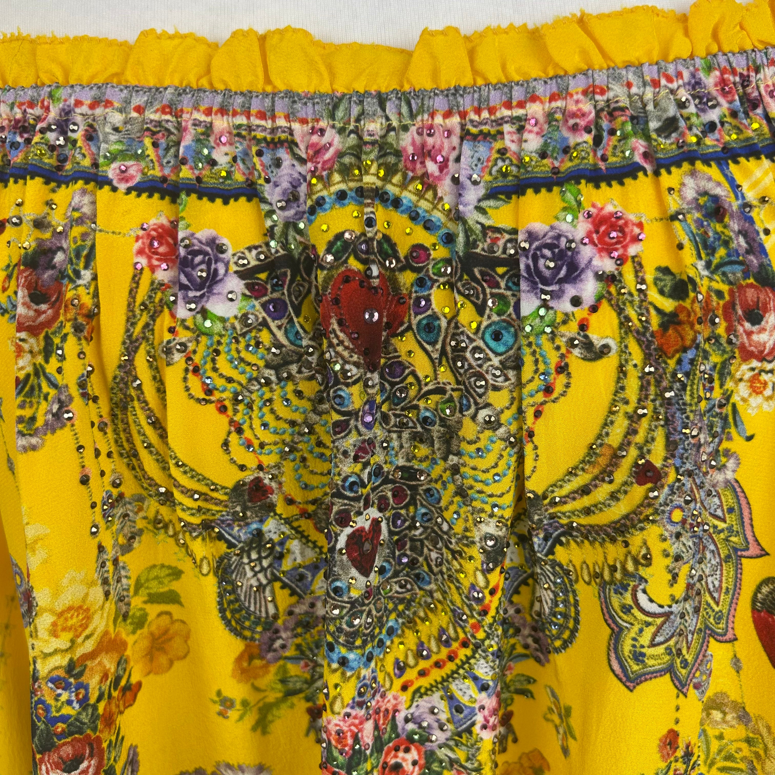Camilla £650 Yellow Paisley Silk Off/On The Shoulder Minidress XL