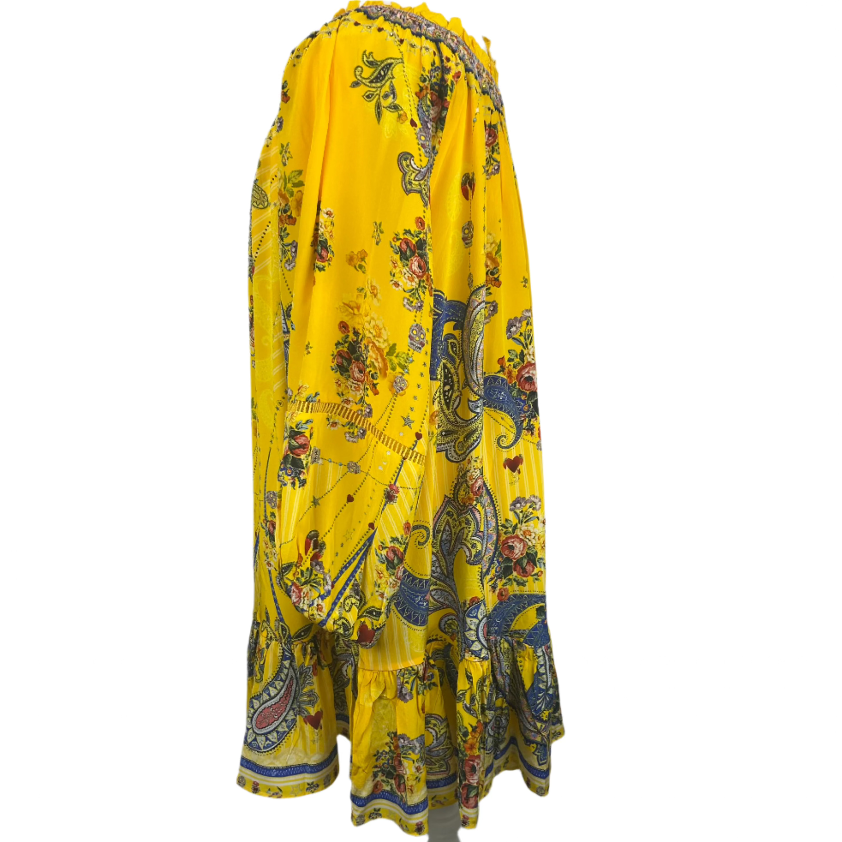 Camilla £650 Yellow Paisley Silk Off/On The Shoulder Minidress XL