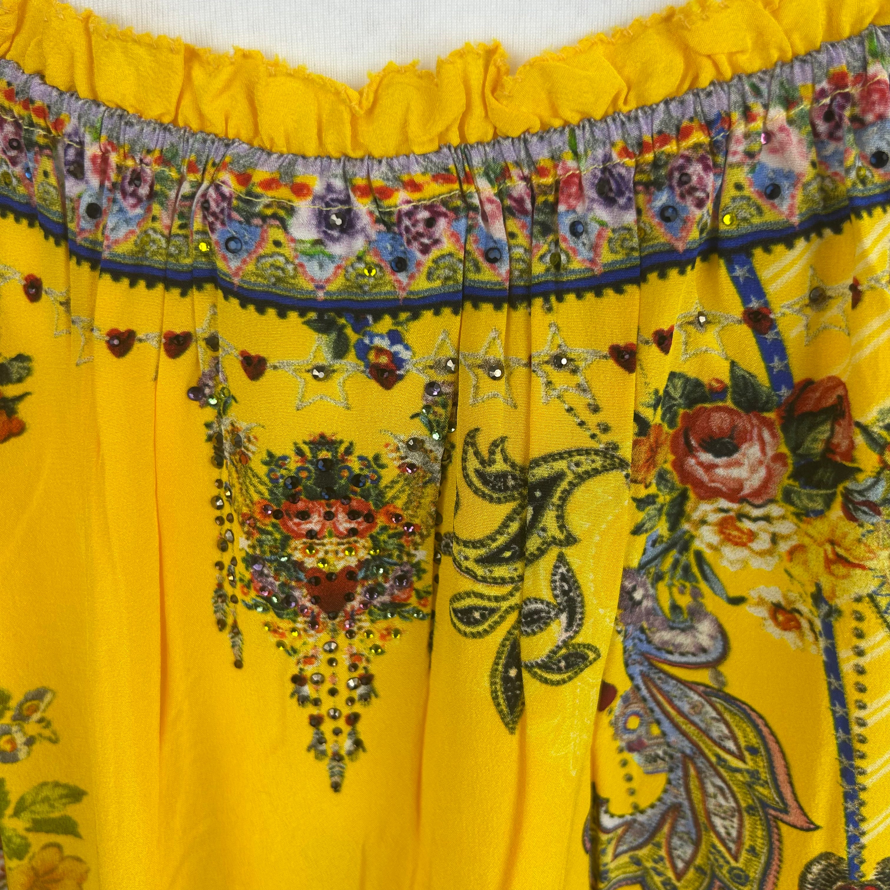 Camilla £650 Yellow Paisley Silk Off/On The Shoulder Minidress XL