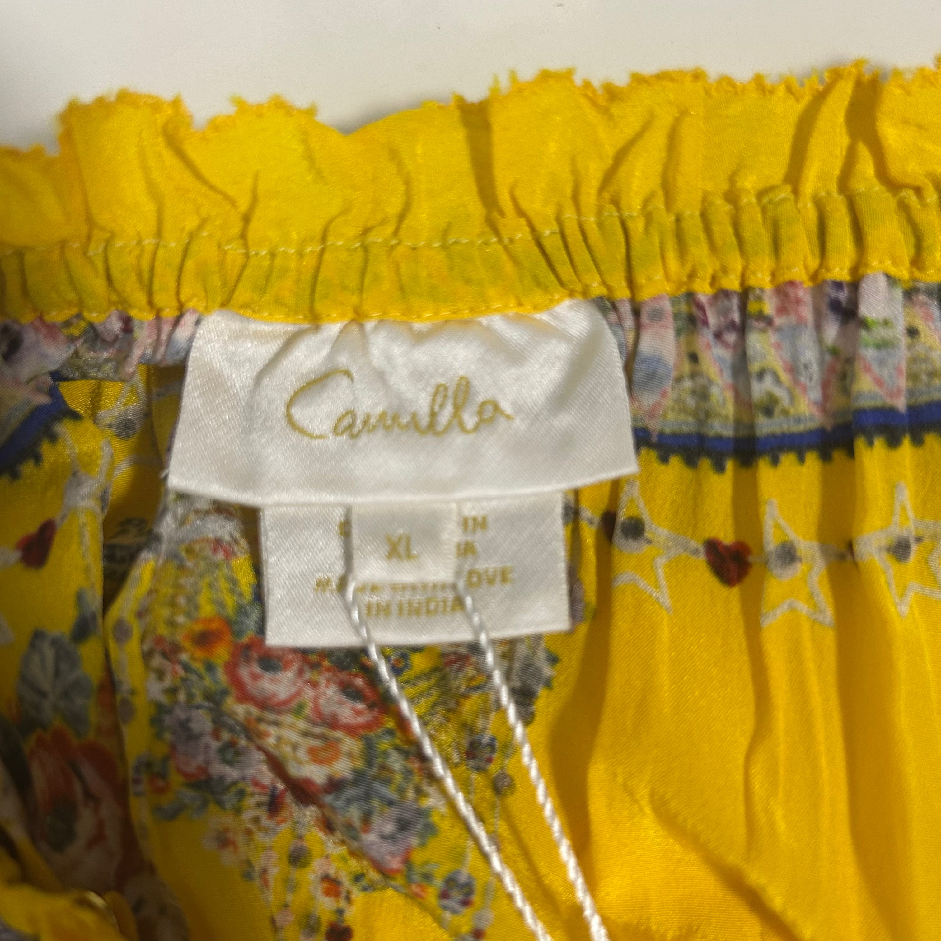 Camilla £650 Yellow Paisley Silk Off/On The Shoulder Minidress XL