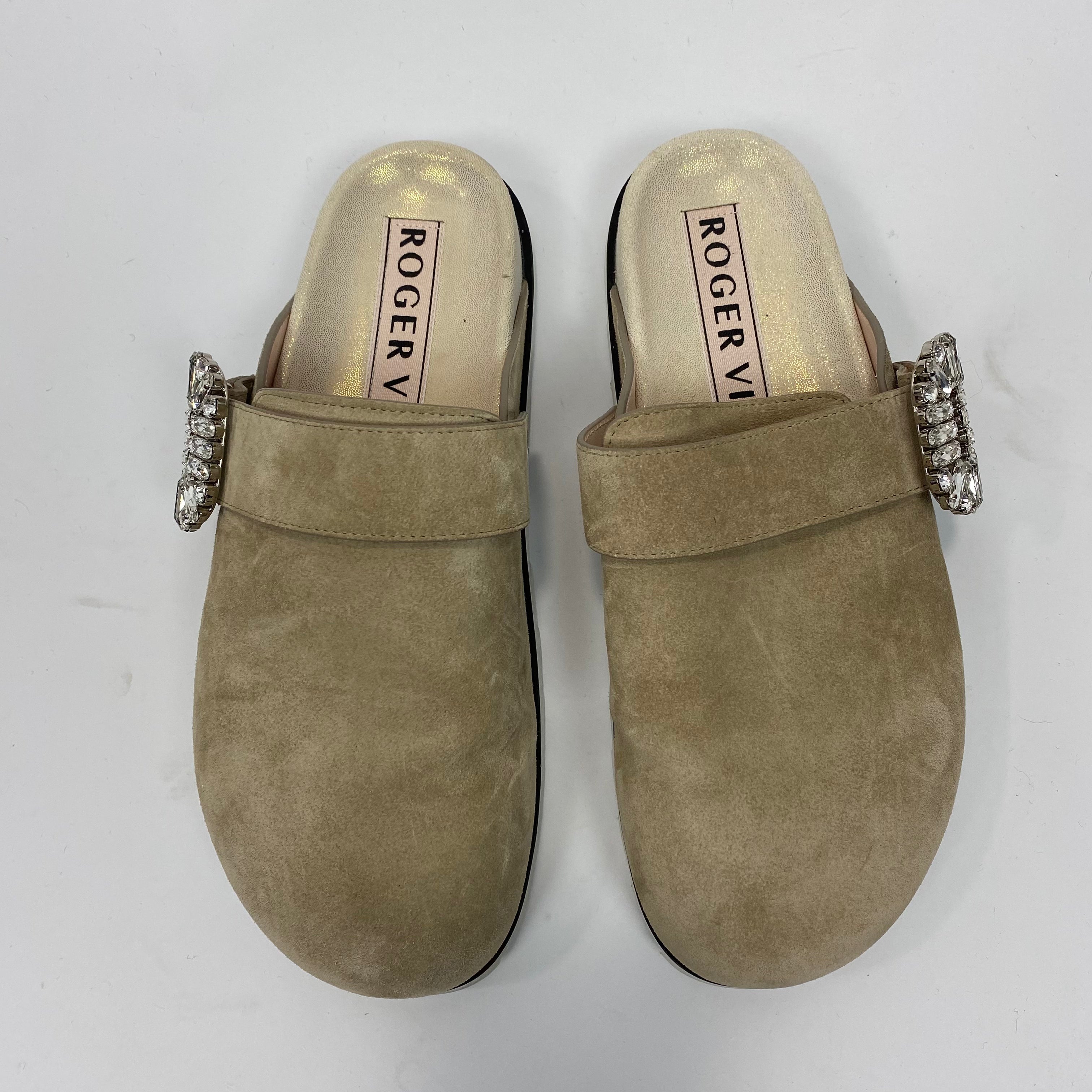 Roger Vivier £1120 Sand Suede Crystal Buckle Mules 37