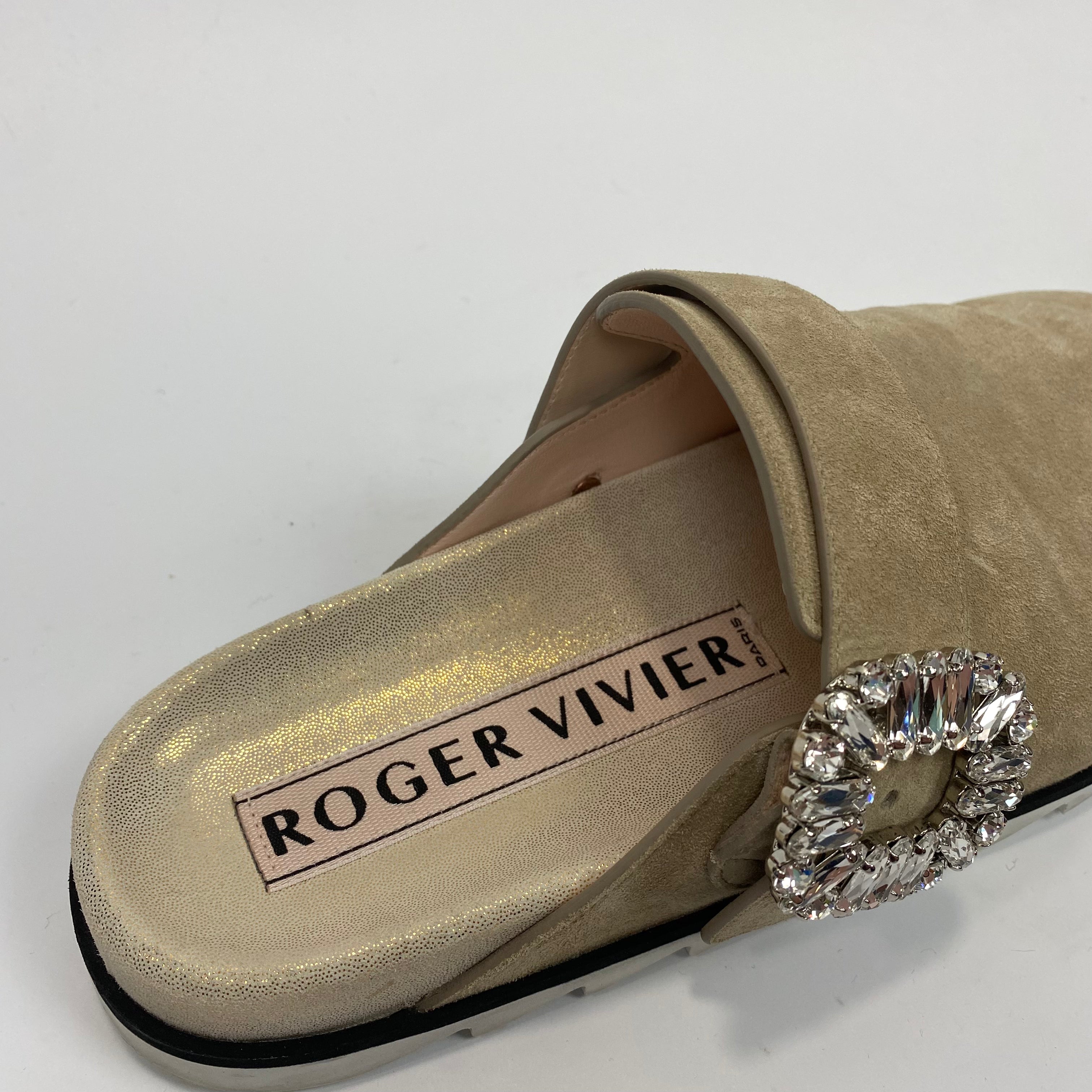 Roger Vivier £1120 Sand Suede Crystal Buckle Mules 37