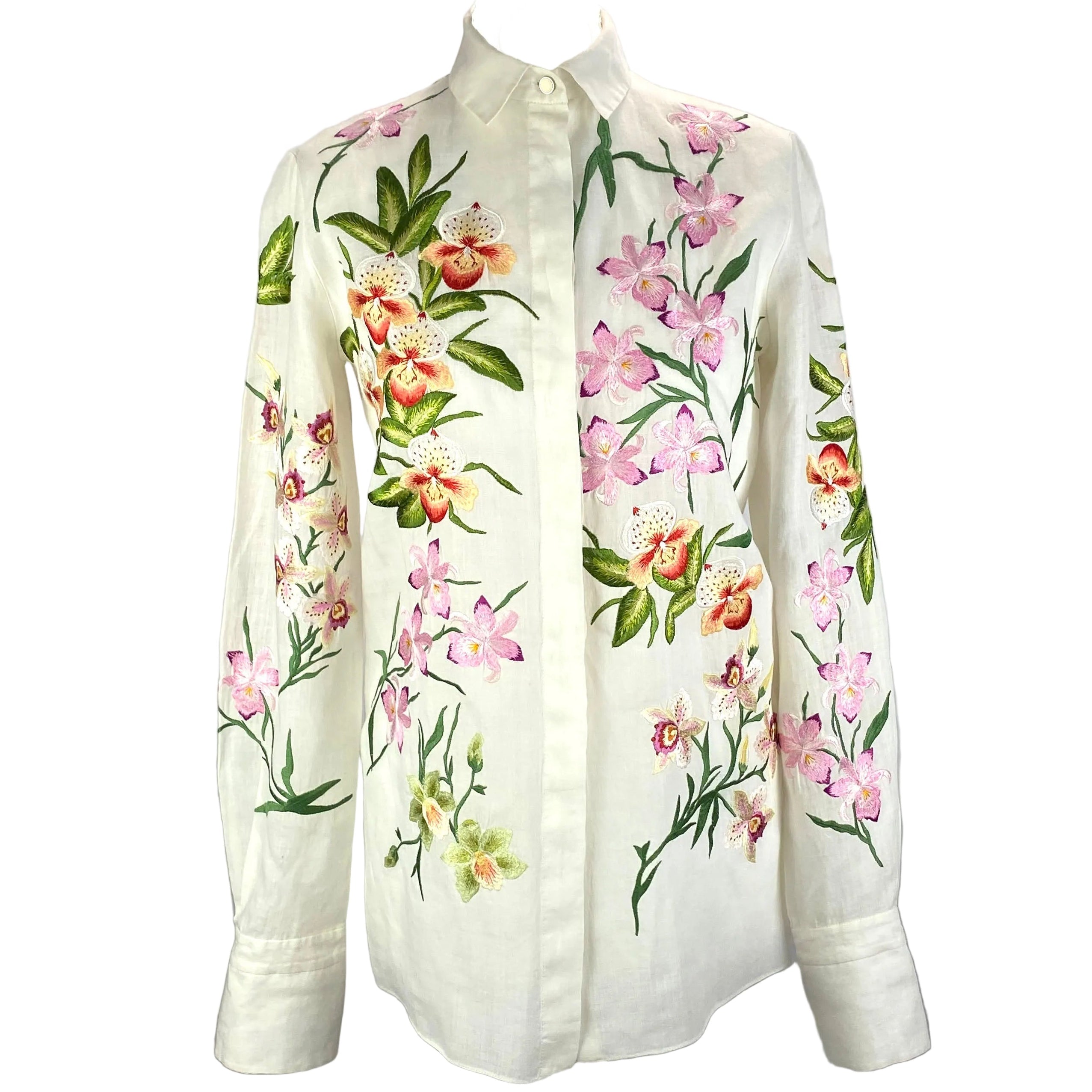 Chloe White Orchid Embroidered Cotton Shirt XS