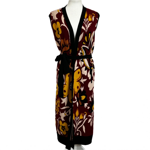 La Double J £650 Burgundy Floral Knit Belted Long Gilet XS