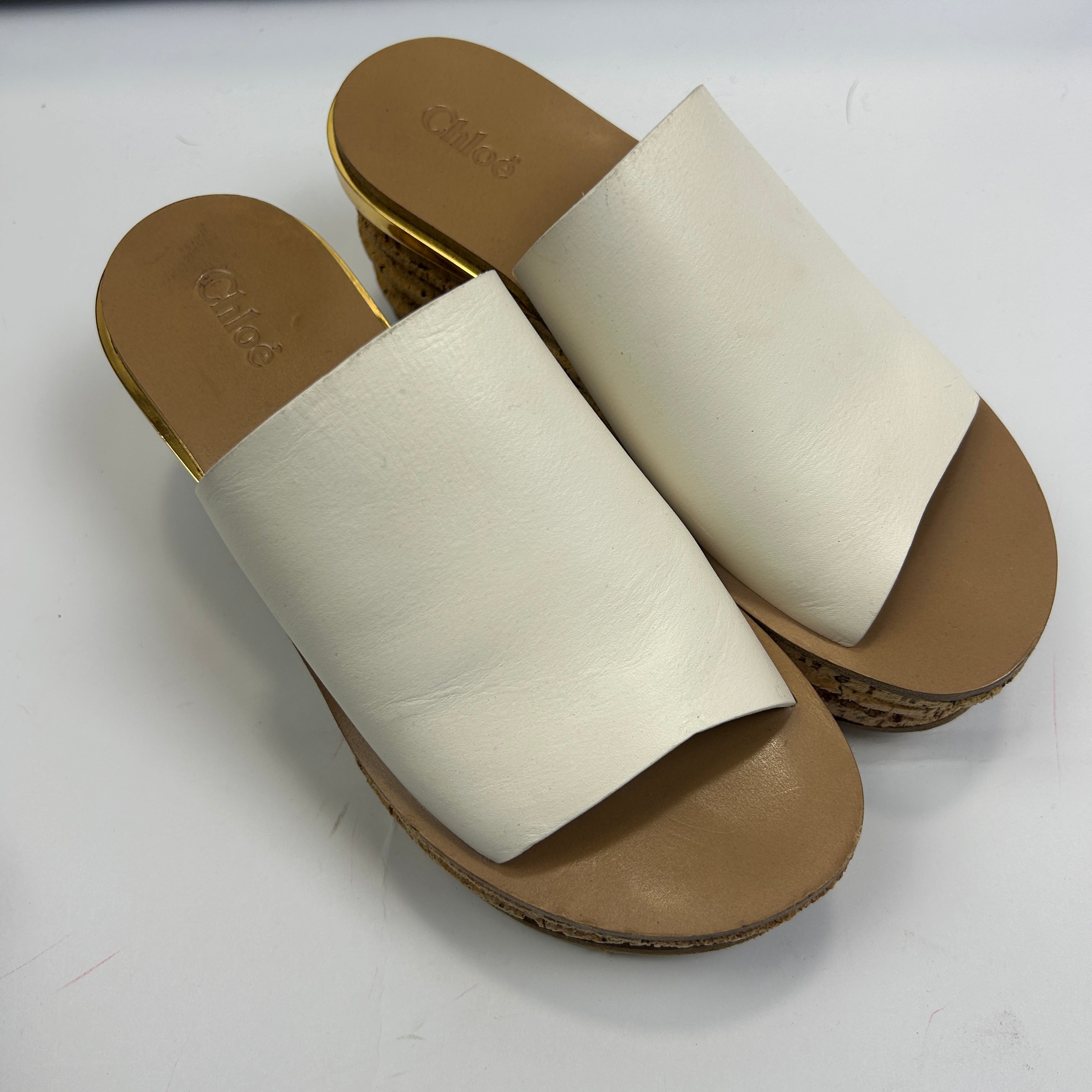 Chloe White Leather Platform Cork Mules 37