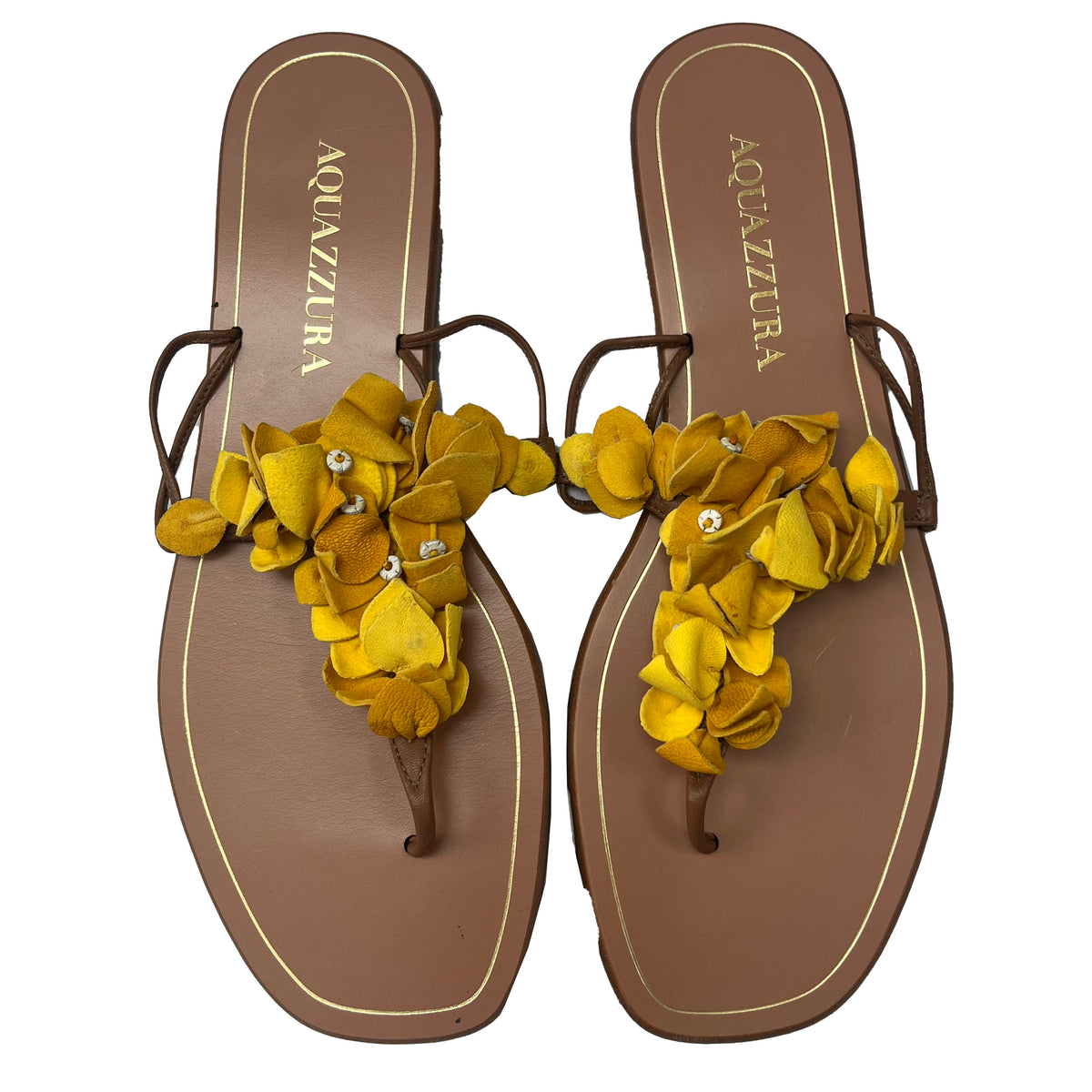 Aquazzura Yellow & Tan Petalled Thong Flat Sandals 37.5