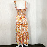 Poupette St Barth Orange & Cream Print Tiered & Shirred Maxi Dress XS/S