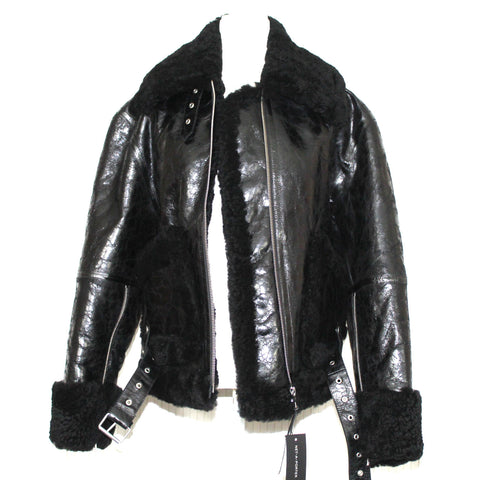 Dries Van Noten Brand New £2560 Black Glossy Shearling Aviator Jacket M